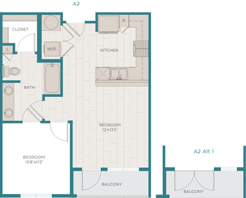 Floor plan for 1 bed, 1 bath, 638 sqft